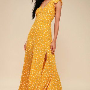 Lulu's Mustard Yellow Floral Backless Maxi Dress